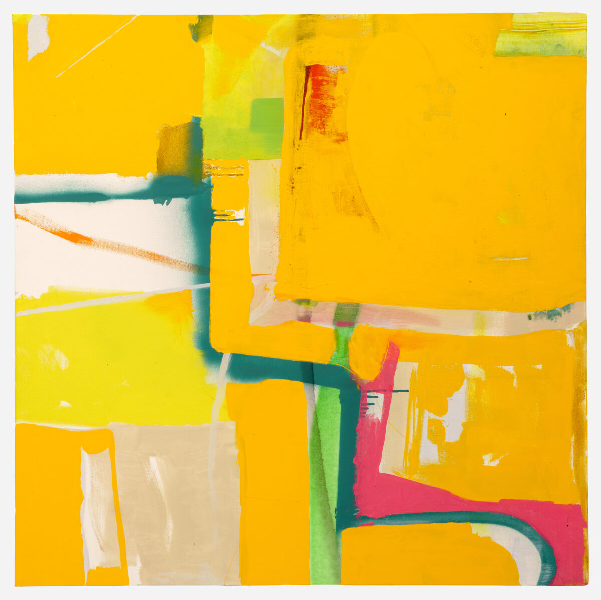 Abstract composition dominated by vibrant yellow tones with overlapping geometric forms in teal, lime green, cream, orange, and hot pink. Layered brushstrokes and soft color transitions create depth across the canvas, suggesting an energetic interplay of shapes and movement.