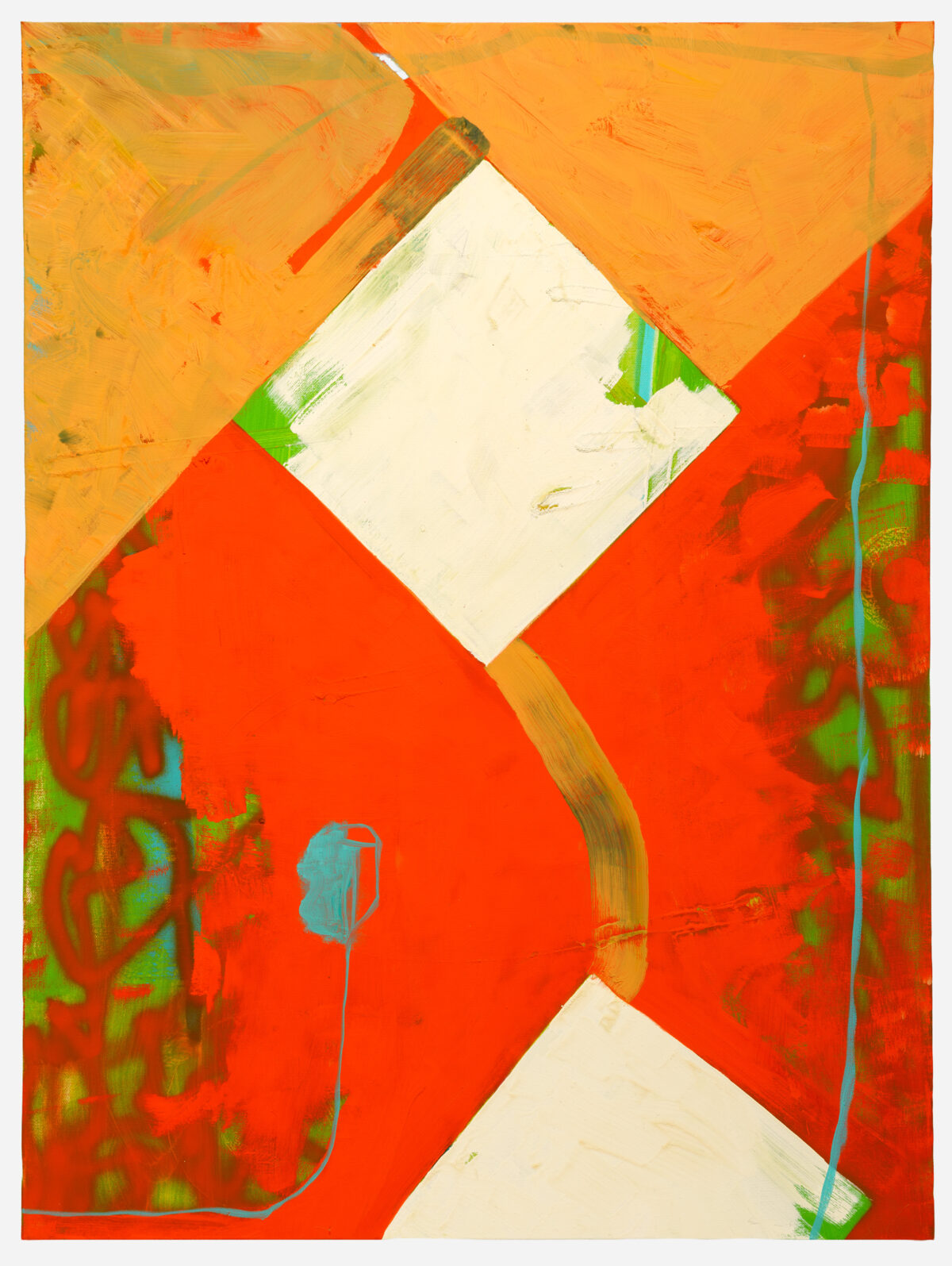 Abstract composition featuring a bold red ground with orange and yellow passages in the upper portion. Two cream-colored diamond or square forms rotated 45 degrees are positioned at top and bottom center, with gestural brushstrokes in green, blue, and tan creating linear elements throughout. The layered paint application and vibrant color palette create dynamic visual movement across the canvas.