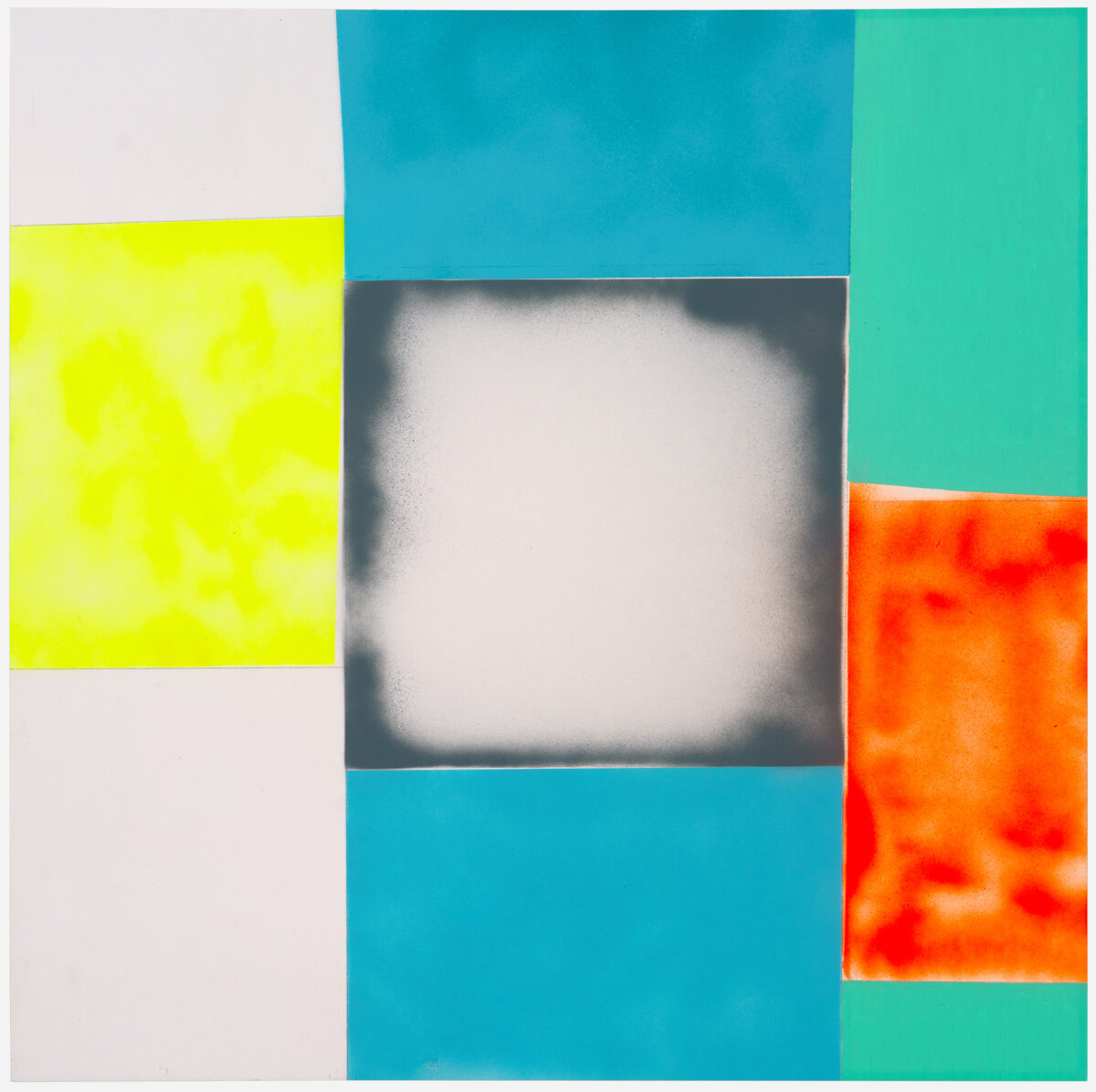 Abstract composition featuring overlapping rectangular sections in vibrant colors—bright yellow-green, turquoise, mint green, and red-orange—arranged around a central gray square with soft, glowing edges. The colored sections have visible texture and brushwork, while the neutral background and central form create a sense of depth and contrast.