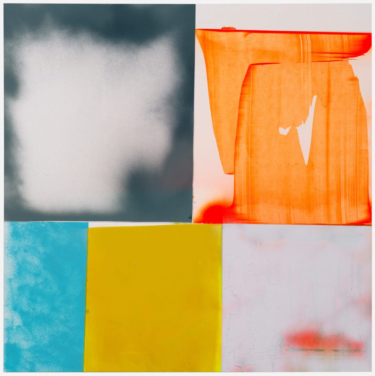 A four-panel composition featuring contrasting abstracted forms and color fields. The upper left quadrant shows a hazy, muted gray-blue tonal area; the upper right displays a vibrant orange brushstroke or gestural mark against a pale ground. The lower left features a vivid turquoise rectangular field adjacent to a bright yellow square, while the lower right contains a softly blurred reddish form on a pale background. The work combines gestural marks with flat color blocks, creating visual tension between abstraction and representation.
