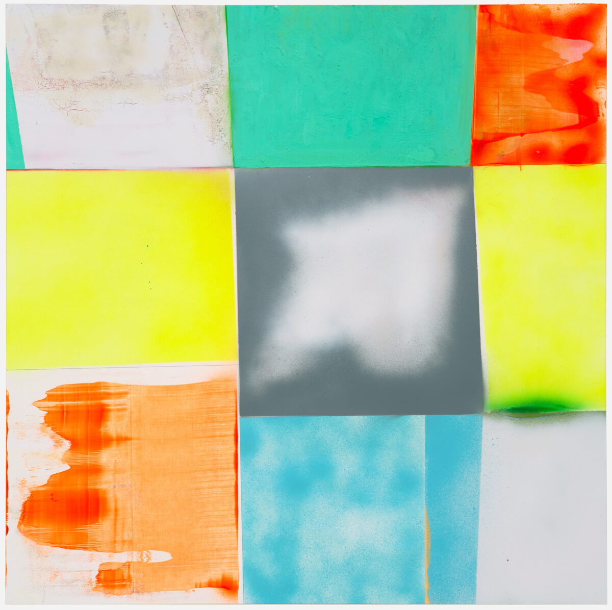 A nine-panel grid composition featuring vibrant blocks of color including neon yellow, turquoise, orange, and gray, with varied surface treatments ranging from smooth and uniform to textured, weathered, and gestural brushwork that creates an abstract, layered visual rhythm.