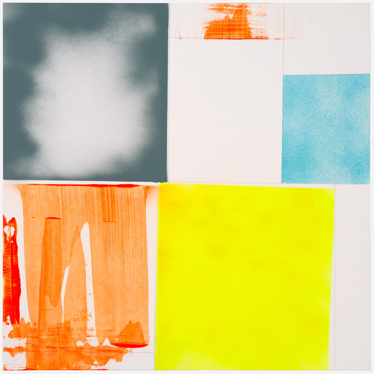 A grid composition of six rectangular panels in varying sizes featuring bold, contrasting colors: teal-gray with white cloudy forms, pale cream, bright turquoise, vivid yellow-green, and orange with gestural white striations and marks. The panels are arranged asymmetrically with visible texture throughout, creating a dynamic abstract composition.