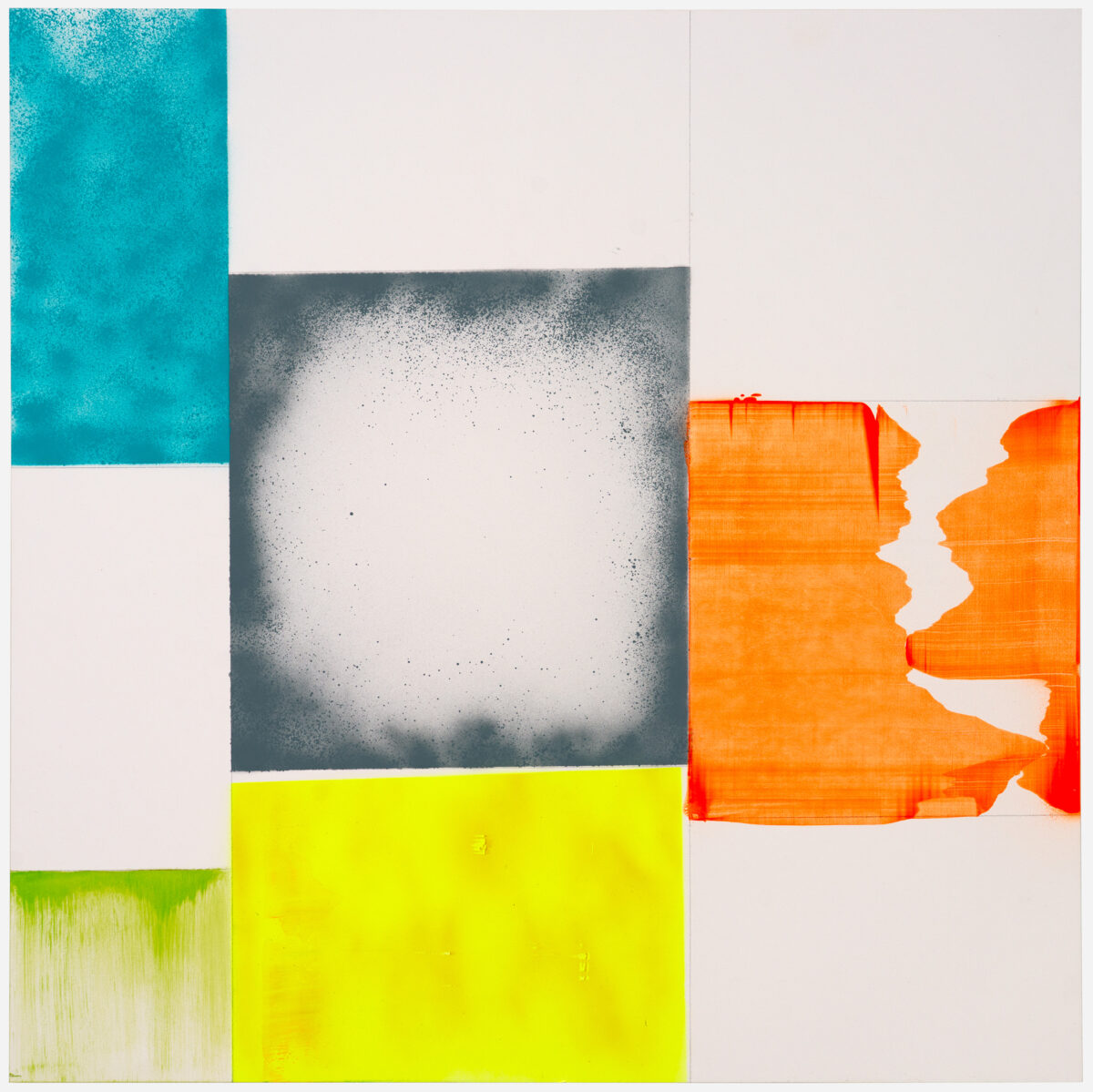 Abstract composition featuring overlapping rectangular and organic shapes in vibrant turquoise, charcoal gray, bright yellow-green, and orange. The turquoise section has a textured, speckled surface, while the gray area shows subtle gradations and particle effects. The orange form on the right displays irregular, torn-like edges. Soft beige and white negative space frames the colored elements, creating a layered, collage-like arrangement.