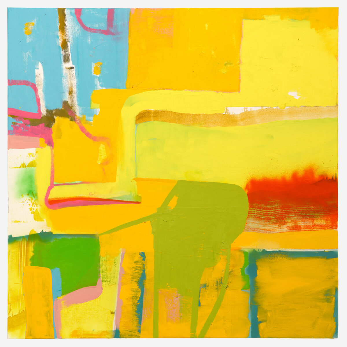Abstract composition in vibrant yellows, greens, and blues with bold gestural brushstrokes and geometric shapes. Layered paint application includes bright enamel passages, organic flowing forms, and overlapping rectangular and curved elements in pink, red, and white accents across the canvas.