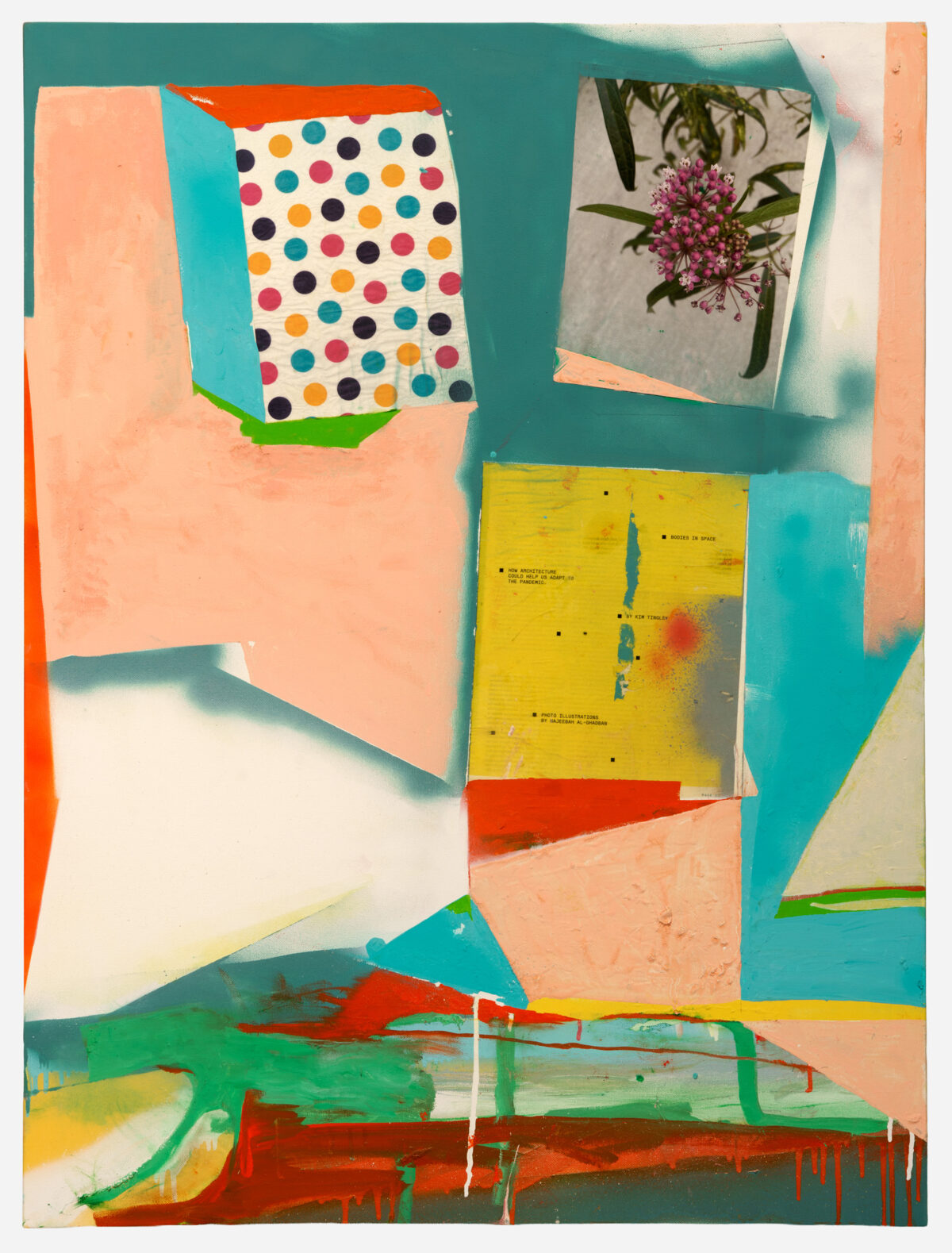Vibrant mixed-media collage on canvas featuring bold geometric color blocks in teal, coral, yellow, and green, layered with torn paper elements including a polka-dotted pattern and a photograph of pink flowers. Gestural paint drips and expressive brushwork create dynamic movement across the composition.