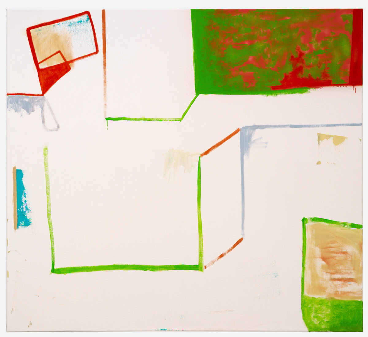 Abstract composition on cream canvas featuring bold geometric outlines in red, green, orange, and blue, with rectangular forms and painterly fills in muted earth tones and pale yellows. Loose, gestural brushwork and tape residue create a layered, sketch-like quality across the surface.