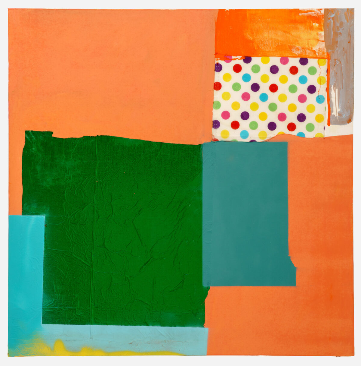 Vibrant abstract composition featuring bold geometric blocks of orange, green, teal, and cyan layered across the canvas. A polka-dotted fabric or paper element with multicolored dots is affixed to the upper right, creating a textural contrast against the painted fields below.