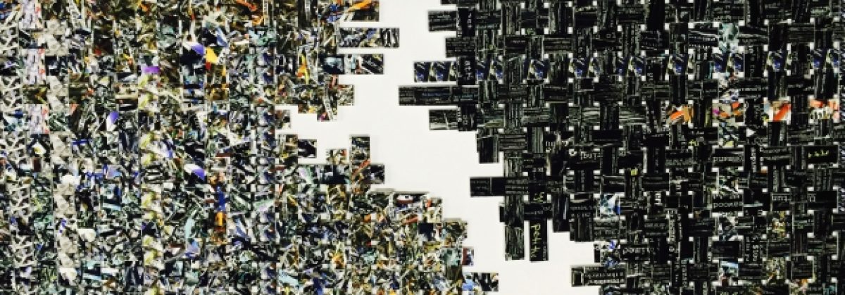 Diptych composed of densely layered, shredded paper fragments in contrasting sections—the left side featuring multicolored debris in whites, yellows, and blues against a light ground, while the right side presents darker, predominantly black and charcoal tones—creating an intricate, textured surface that emphasizes fragmentation and material accumulation.