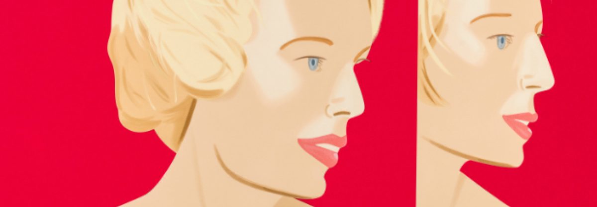 Profile portraits of a blonde woman rendered in warm skin tones against a vivid saturated red background, shown in multiple poses with simplified, elegant lines characteristic of contemporary figurative painting.