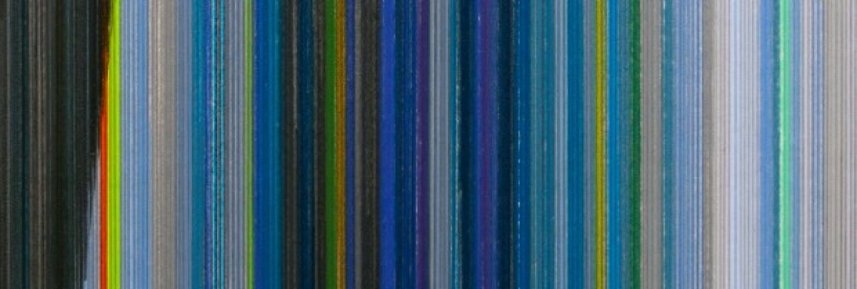 Vertical striped composition featuring thin, closely-spaced lines in varying shades of blue, gray, yellow, and teal, creating a rhythmic pattern that shifts subtly across the width of the work.