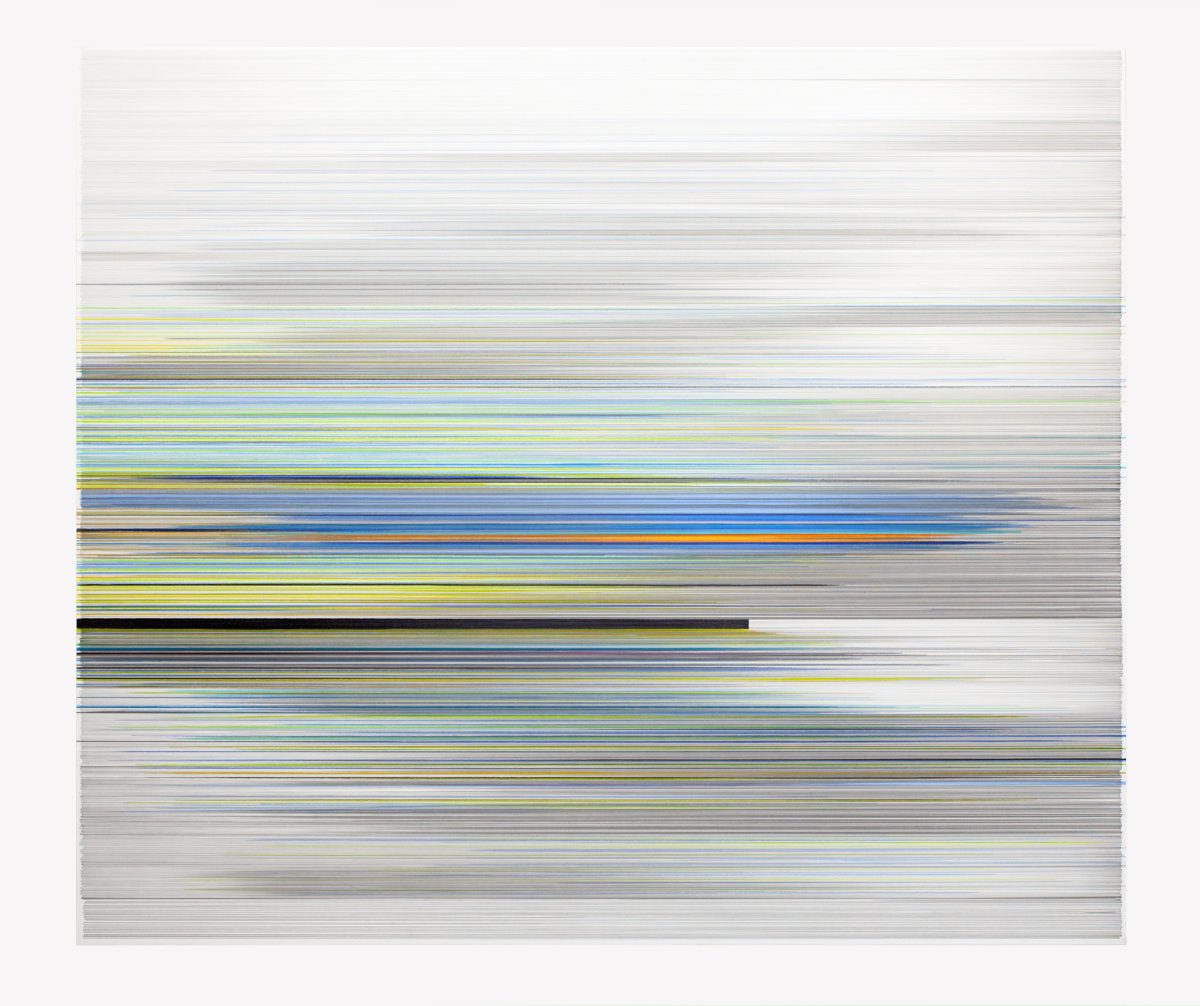 Horizontal composition of thousands of fine colored lines—blues, greens, yellows, and grays—layered across the surface, with a bold black horizontal bar interrupting the middle section. The delicate, hand-drawn quality creates a sense of movement and fluctuation, evoking waves or atmospheric conditions rendered through accumulated gestural marks.