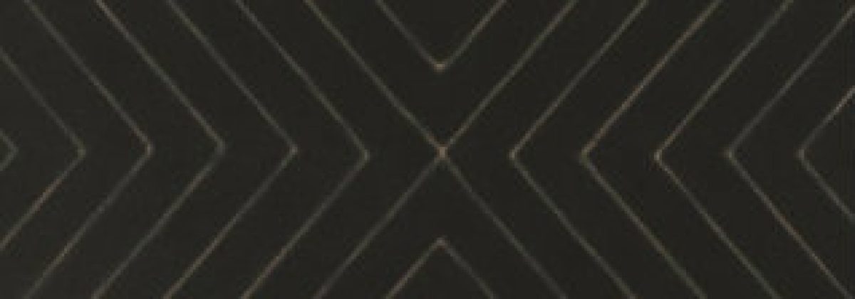 Geometric composition featuring interlocking chevron and arrow patterns in gray and charcoal tones, creating a dynamic diagonal rhythm across the entire surface.