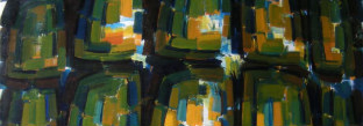 Abstract oil painting composed of gestural brushstrokes in yellow, green, and dark tones arranged in a grid-like composition. Broad, rhythmic marks and layered color create dynamic movement across the canvas surface.