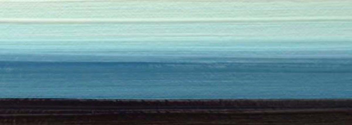 Horizontal abstract landscape depicting a vast horizon with three distinct bands of color—pale turquoise sky at top, deeper blue-toned middle section, and dark charcoal-black foreground—creating a minimalist study of atmospheric perspective and twilight phenomena.