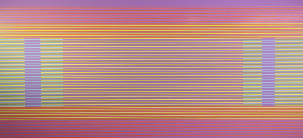 Horizontal composition of densely packed colored lines in shifting gradients of purple, yellow, orange, cyan, and red, with two rectangular blocks of solid lavender interrupting the pattern on either side of center, creating a digital scan-like or glitched visual effect.