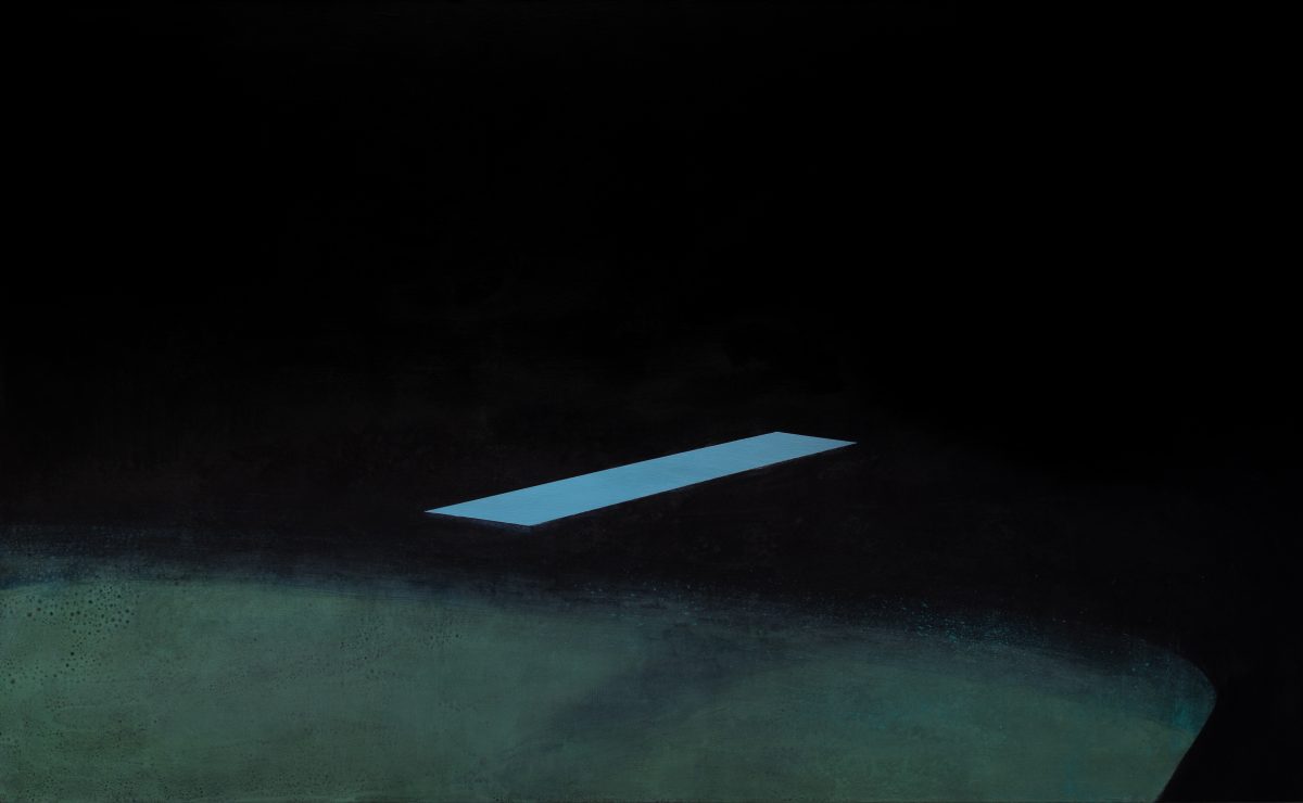 A luminous blue-green rectangular form hovers above a textured, dark ground against a black background, rendered in a minimalist composition that emphasizes isolation and subtle atmospheric depth.