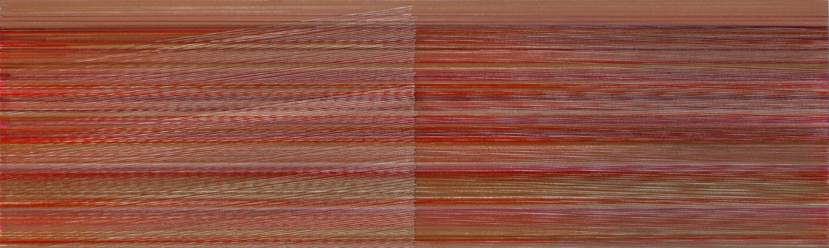 Horizontal abstract composition featuring layered horizontal lines in shades of red, rust, brown, and cream, divided into two sections with varying intensities of color and texture created through graphite and colored pencil.