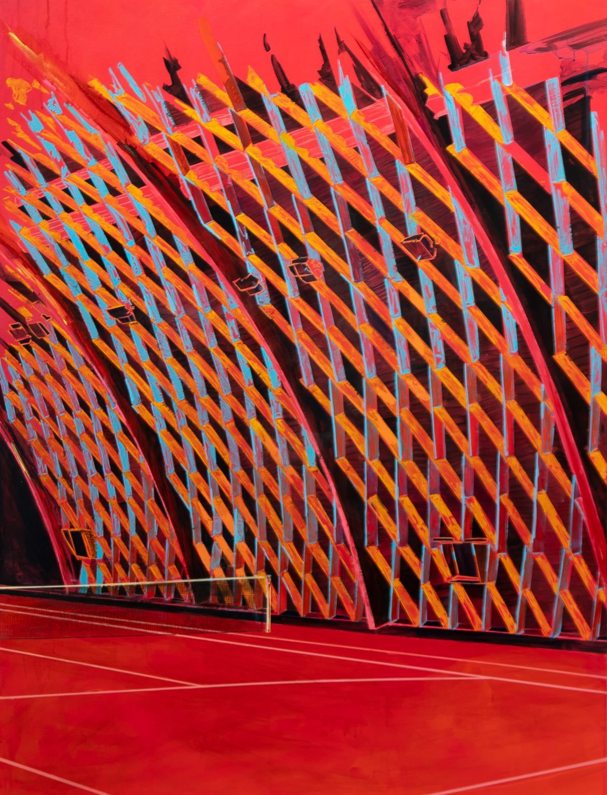 A large-scale abstract painting dominated by vibrant red tones, featuring a geometric lattice pattern of interlocking diagonal lines in bright orange and cyan blue. The composition creates a dynamic three-dimensional effect with sharp angular forms that appear to recede into space, set against the warm red ground with subtle linear elements suggesting depth and perspective.