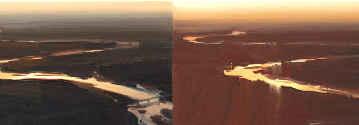 Diptych of aerial landscape paintings depicting a winding river with golden light reflecting off water and sandbars against darker floodplain terrain, rendered in warm ochre and bronze tones with horizontal striations suggesting movement across the composition.