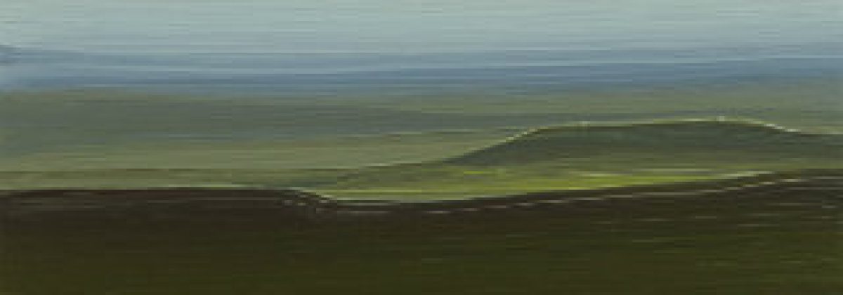 Horizontal landscape painting depicting layered prairie hills in shades of dark brown, olive green, and soft blue, with a misty horizon line. The composition shows receding ridges and valleys with subtle gradations of color suggesting depth and atmospheric perspective.
