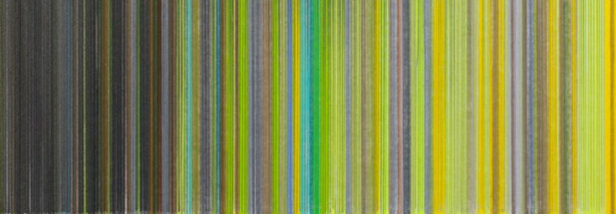 Vertical stripes in varying widths progress across the composition, transitioning from dark charcoal and muted tones on the left through vibrant lime green and yellow hues in the center to bright yellow on the right, with touches of cyan blue creating a dynamic gradient effect.