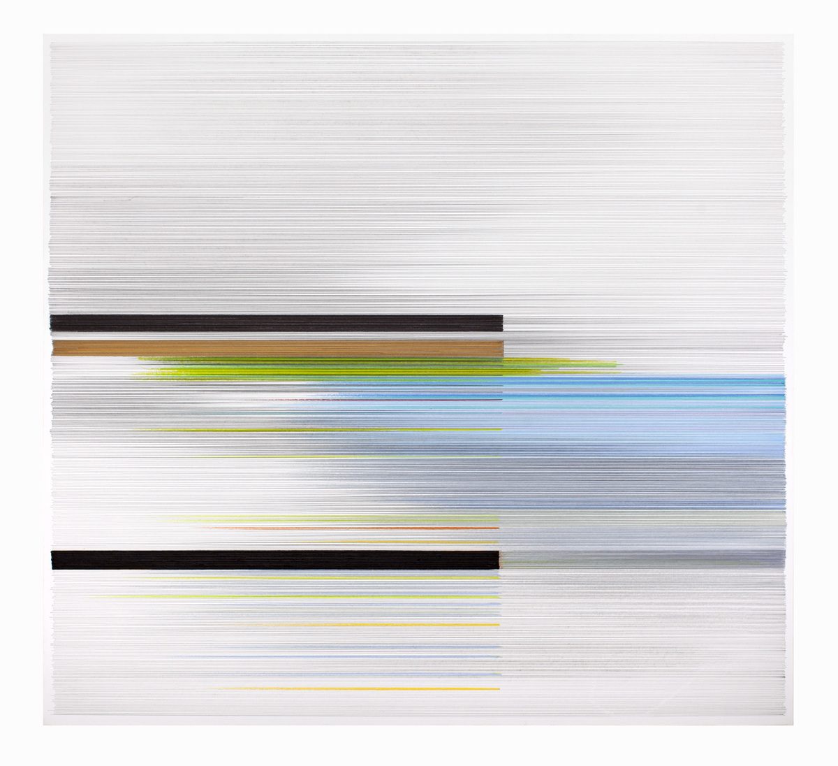 Horizontal bar chart composed of layered colored lines and graphite gradients, featuring bands of black, brown, yellow-green, and blue that extend across the composition at varying lengths, creating a sense of movement and visual rhythm against a lighter background.