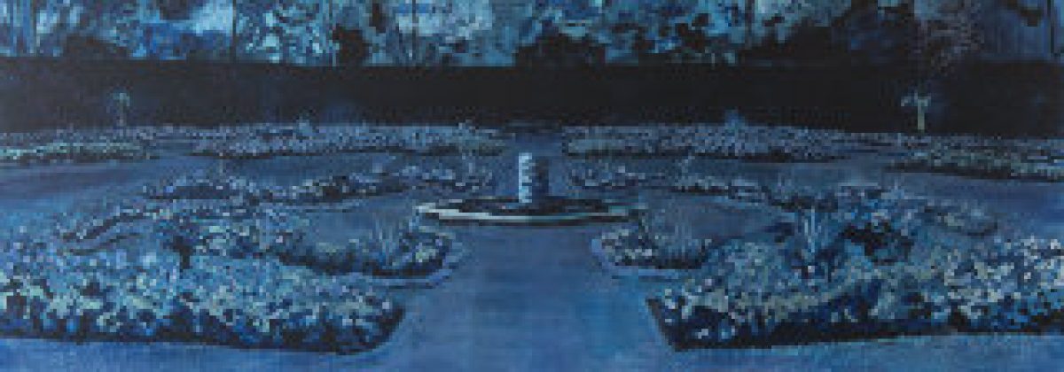 Blue-toned landscape painting depicting a symmetrical formal garden or institutional grounds viewed from above, with organized geometric pathways, manicured lawns, and architectural elements arranged around a central structure, rendered in deep navy, cool blues, and silvery accents with hand-drawn botanical details throughout.