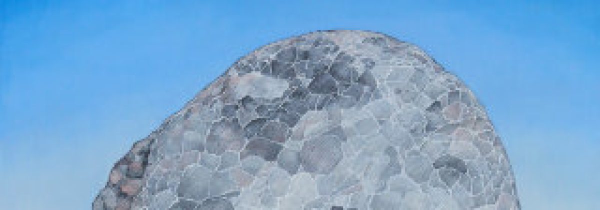 A large spherical sculpture with a textured, weathered surface rendered in gray and white tones against a clear blue sky, suggesting an ancient or celestial form built up through layered materials.