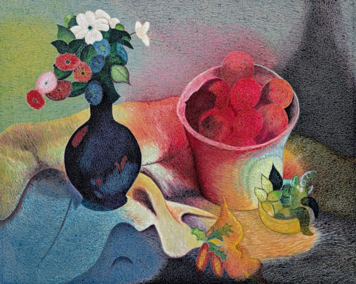 Still life composition featuring a dark blue vase with white and colorful flowers, a pink bowl overflowing with red spheres, and a decorative vessel with yellow-orange tones and green foliage, set against a soft, gradient background rendered in muted greens, pinks, and grays with textured brushwork.