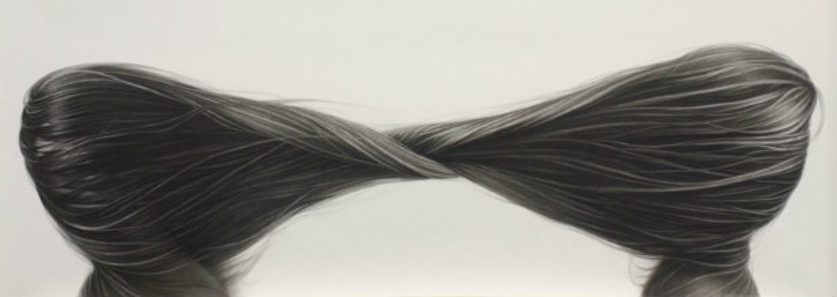 Two bundles of long black hair meet at the center in an hourglass formation against a pale background, rendered in layered charcoal with dramatic highlights and flowing strands that suggest movement and wind.