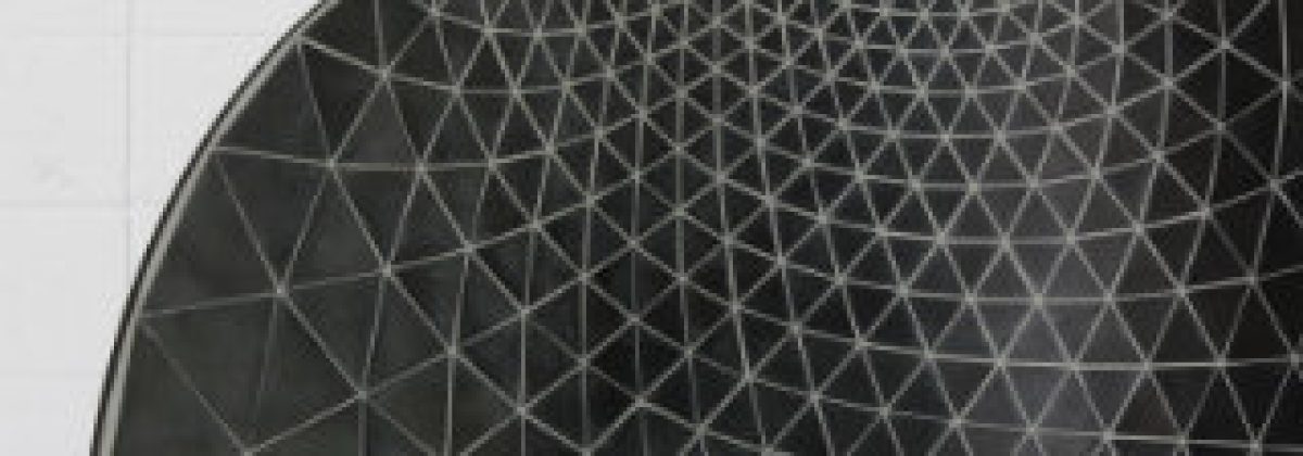 A curved sculptural surface densely patterned with small triangular facets creates a geometric lattice that transitions from dark charcoal to lighter gray across the composition, suggesting depth and dimensionality through precise angular divisions.