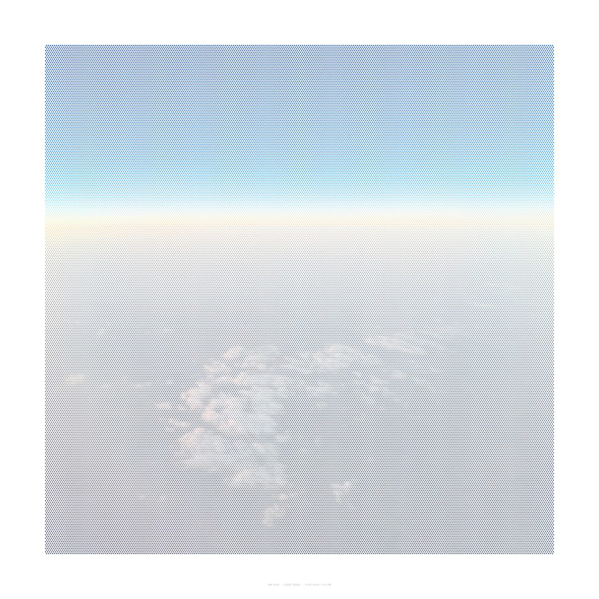 A gradient composition transitions from deep blue at the top to pale cream at the bottom, rendered entirely in a halftone dot pattern that creates a soft, atmospheric effect reminiscent of a view through an airplane window capturing the curvature of Earth and thinning atmosphere.