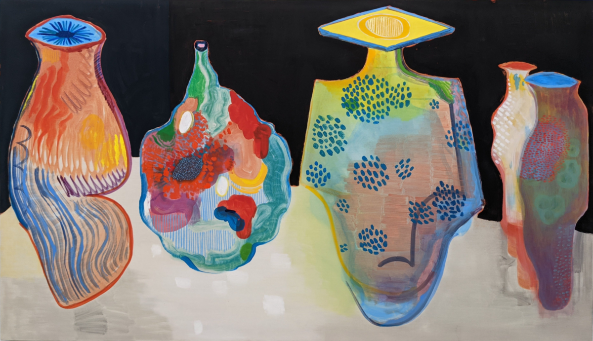 Four organic, vessel-like forms painted in vibrant colors including yellows, blues, reds, and greens, with varied surface treatments including linear patterns, dotted details, and gestural marks. The sculptural paintings feature abstract facial features and openings, displayed against a neutral background with contemplative, biomorphic qualities.