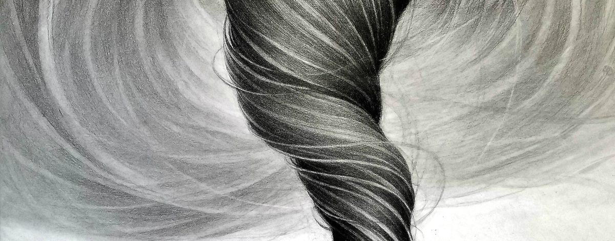Charcoal drawing depicting a swirling mass of long, black hair rendered with dramatic diagonal strokes against a light gray background, creating a dynamic, tornado-like composition with fine detailed linework and strong tonal contrasts.