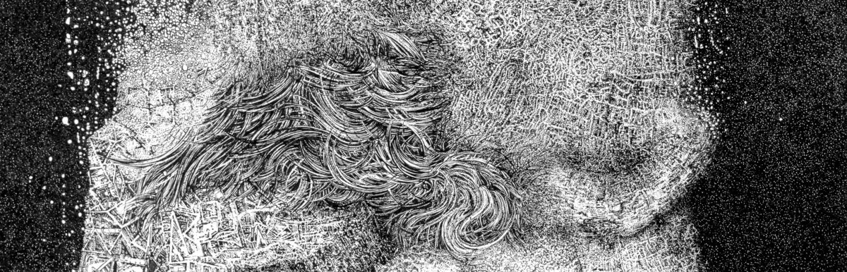 A stippled black and white drawing depicting an ornate, flowing form with elaborate curved lines and swirling patterns, set against a densely textured background that transitions from dark to light. The central figure appears to be in constant transformation, rendered entirely through countless small dots that create a sense of movement and ethereal uncertainty.