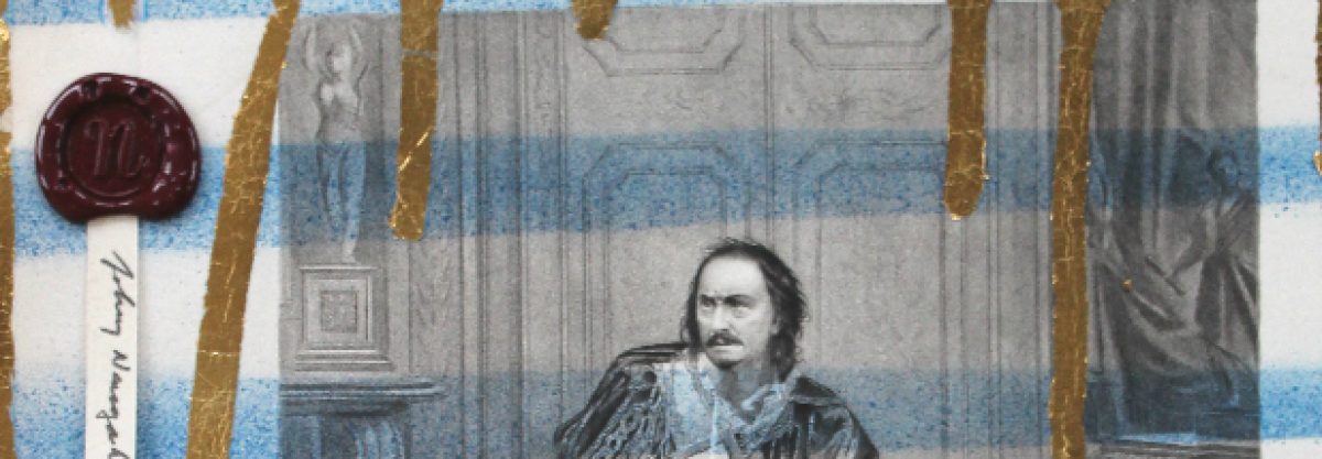Mixed media collage featuring a historical portrait of a man with a mustache overlaid with blue and white striped fabric, gold leaf accents, and a red wax seal with handwriting in the upper left corner.