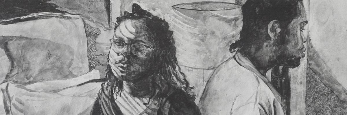 Black and white charcoal or graphite drawing depicting two figures in an interior space with draped fabrics and vessels. The figure on the left wears glasses and looks toward the viewer, while the figure on the right is shown in profile, their forms rendered with gestural mark-making and varying tones that create depth and intimacy within the composition.
