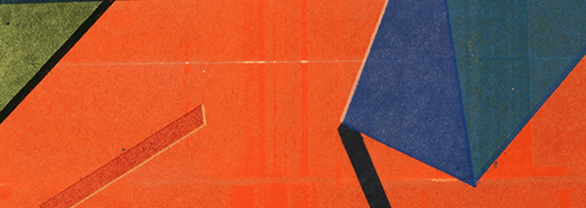 Abstract monoprint featuring overlapping geometric shapes in vibrant orange, navy blue, and teal, with subtle transparent layers and sharp black lines creating depth and movement across the composition.