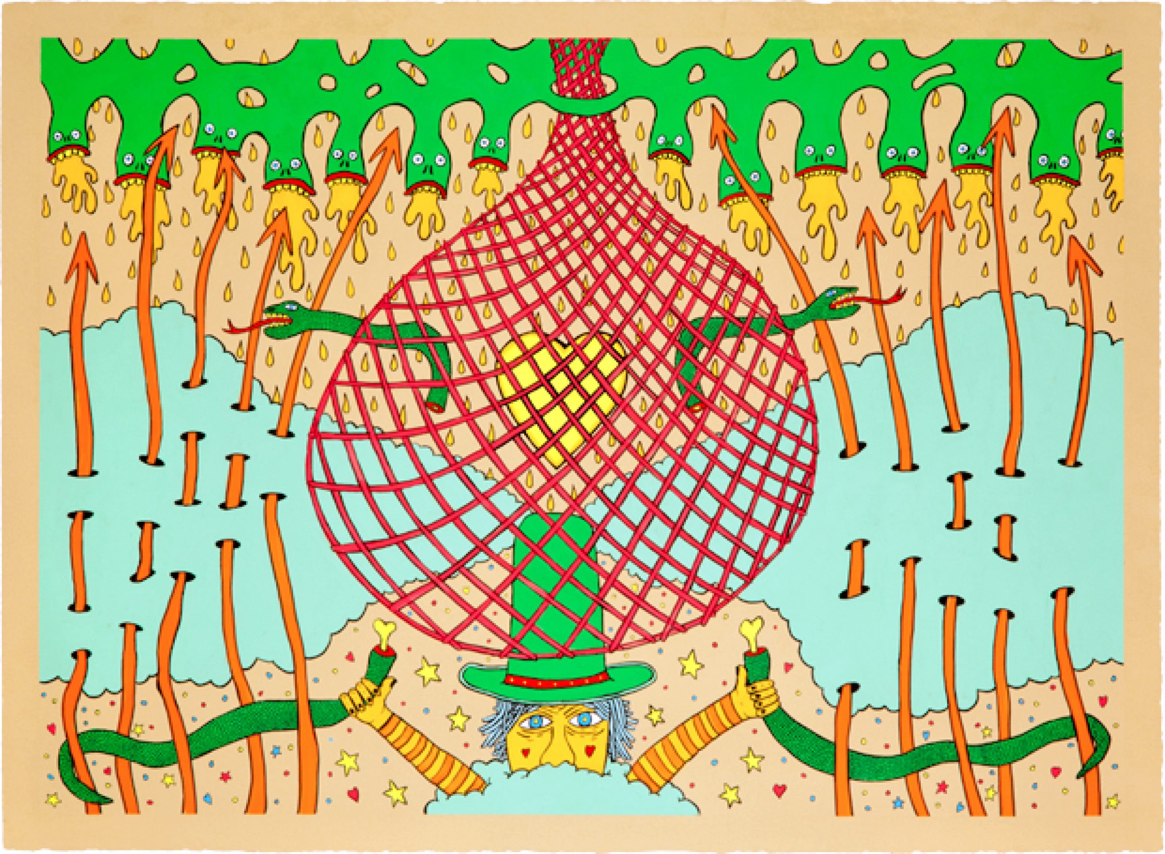 A whimsical illustration rendered in bright gouache shows a large red and yellow hot air balloon descending over a landscape of bare trees and sandy ground. The composition features a cheerful figure in a blue hat at the balloon's base, surrounded by wooden poles and small stars scattered across a soft blue and tan palette.