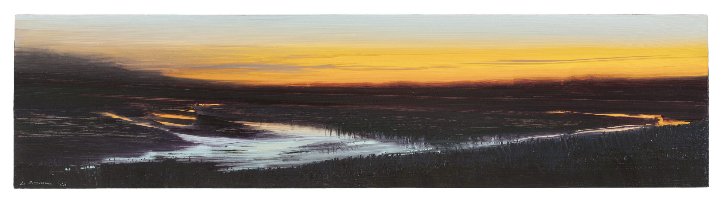 A horizontal landscape painting depicting a river valley at dusk, with a winding waterway reflecting golden and white light against dark forested banks. The composition features warm amber and orange tones in the sky above silhouetted treelines, creating a dramatic contrast with the cool silvery reflection of water below.
