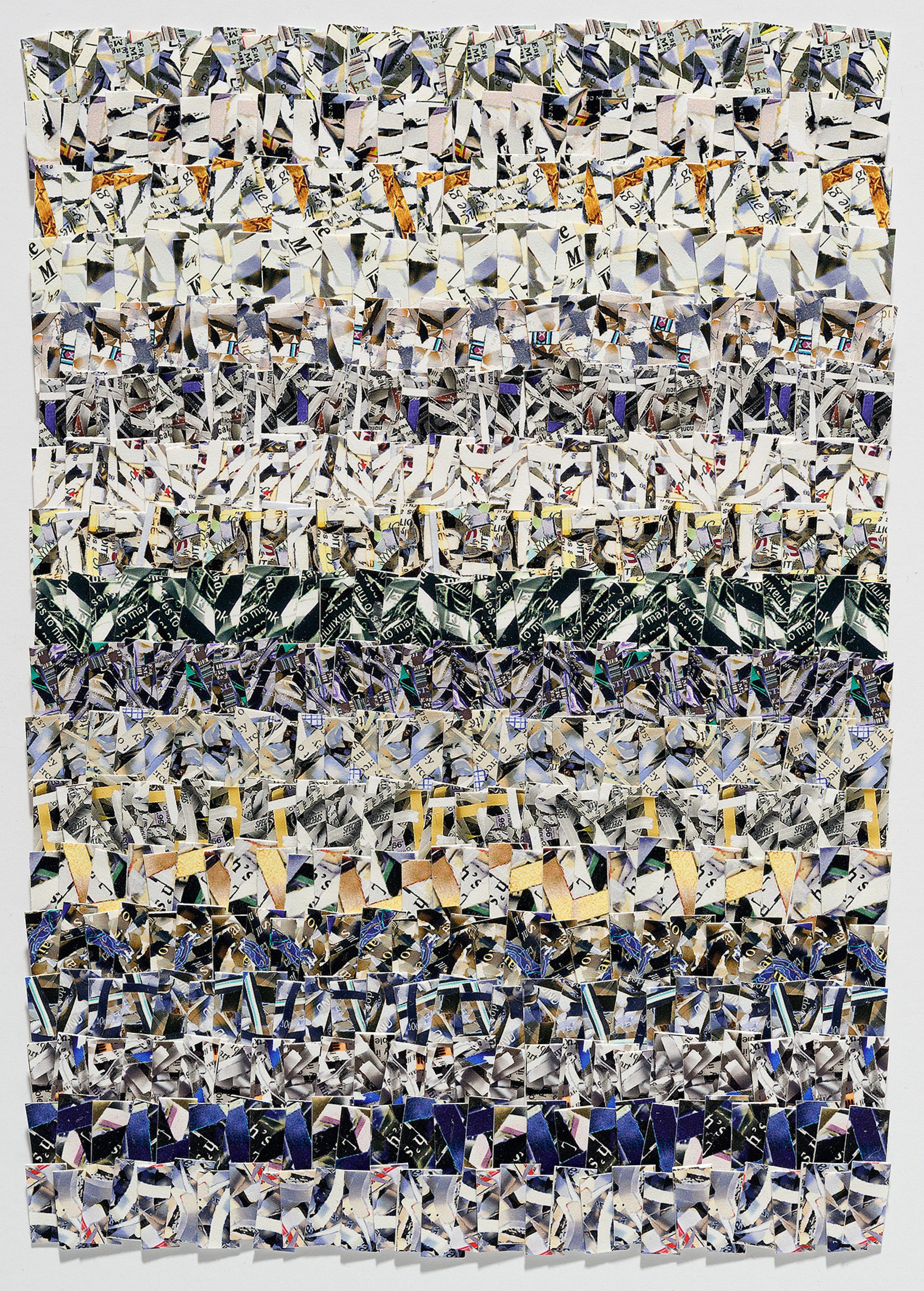 A large-scale abstract composition made of horizontally banded rows of shredded paper and text fragments in black, white, cream, yellow, orange, blue, and purple. The densely layered strips create a textured, collage-like surface with a rhythmic, repetitive pattern across the entire rectangular format.
