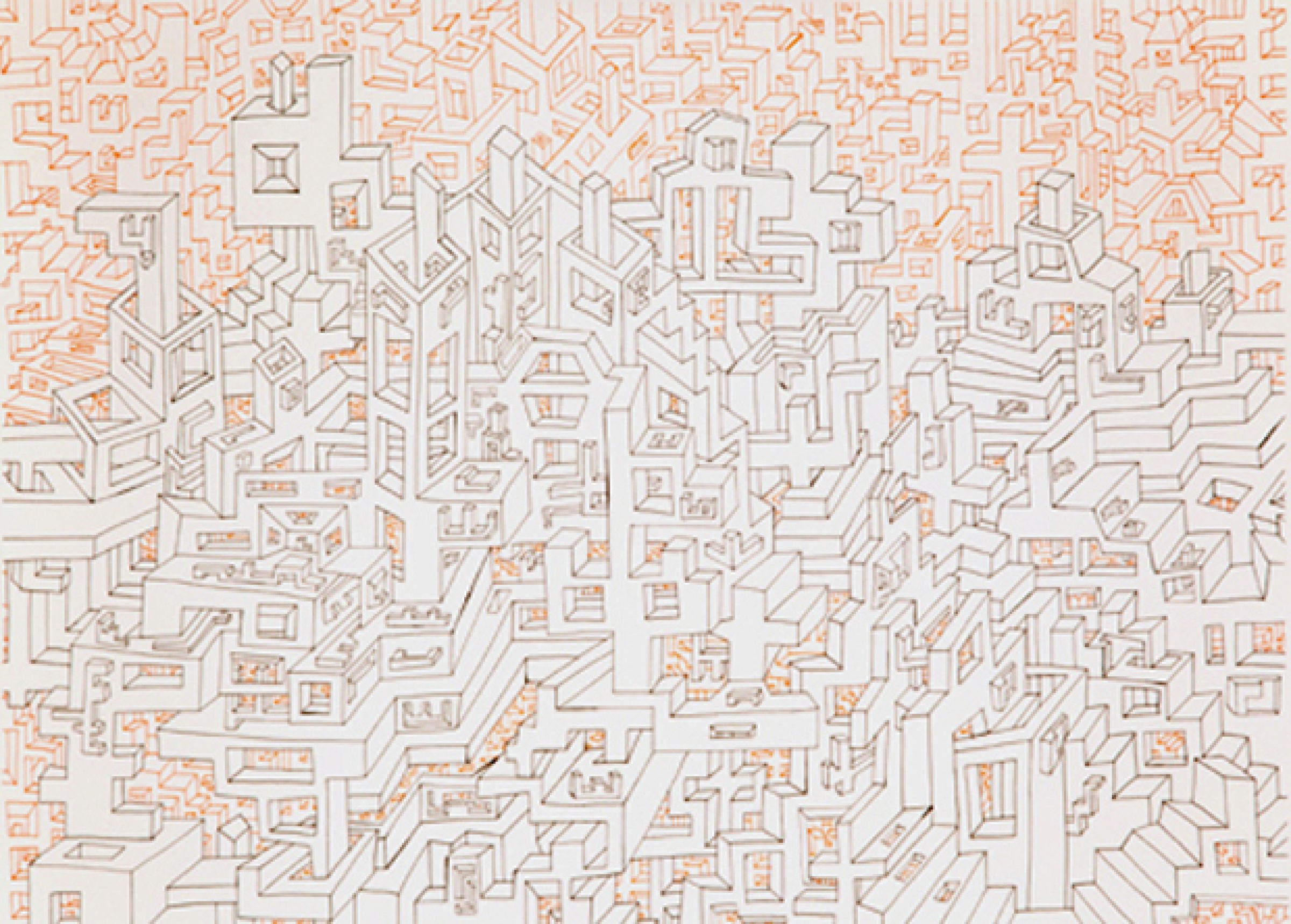 An intricate isometric line drawing in ink on paper depicts a dense, labyrinthine cityscape of interconnected buildings and geometric structures rendered in muted orange and cream tones. The composition fills the entire surface with overlapping architectural forms, creating a complex, three-dimensional urban landscape viewed from an elevated perspective.