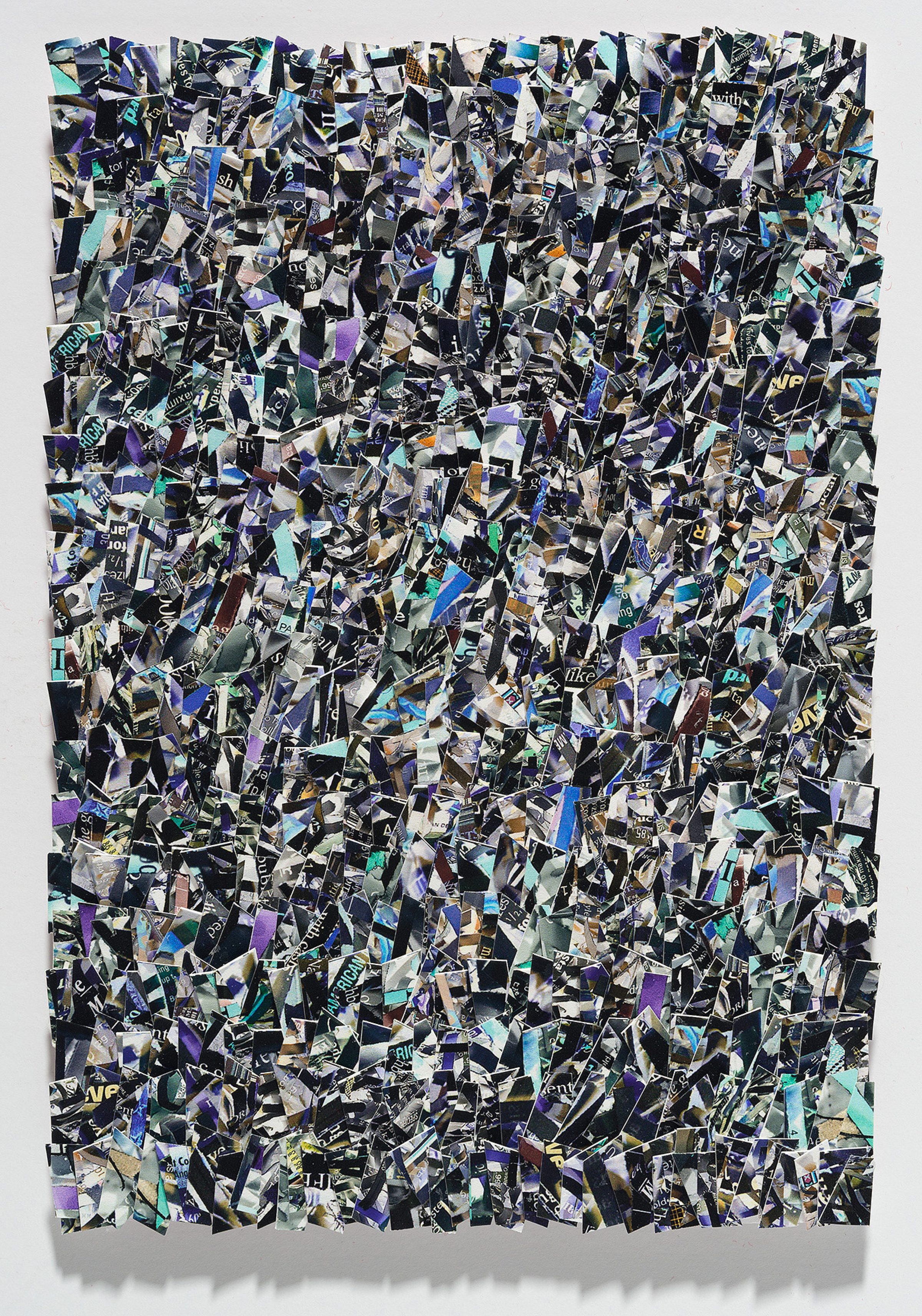 A densely layered collage of hundreds of torn and overlapping printed fragments in shades of black, white, purple, blue, cyan, and gold, creating an all-over abstract composition with no clear focal point. The irregular paper pieces are arranged in a chaotic, non-representational pattern across a rectangular format, with visible text and imagery fragments scattered throughout the surface.
