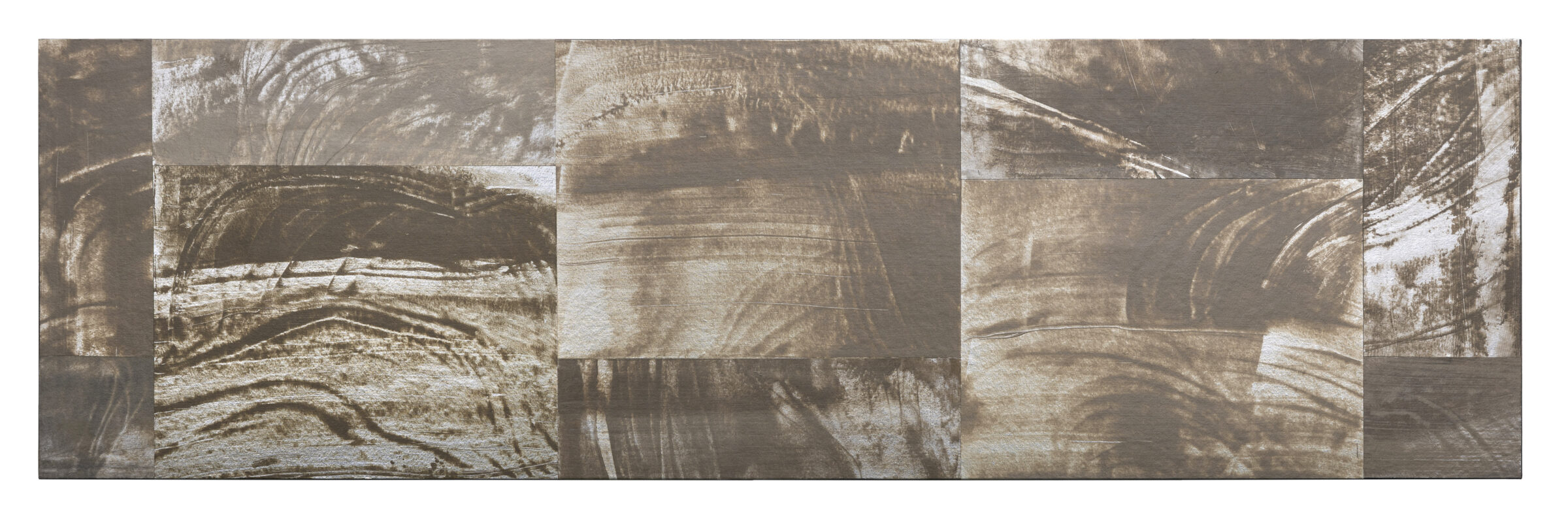 Abstract composition of layered rectangular panels in bronze and metallic tones featuring gestural marks, organic curved lines, and weathered surface textures that suggest flowing water or geological formations.