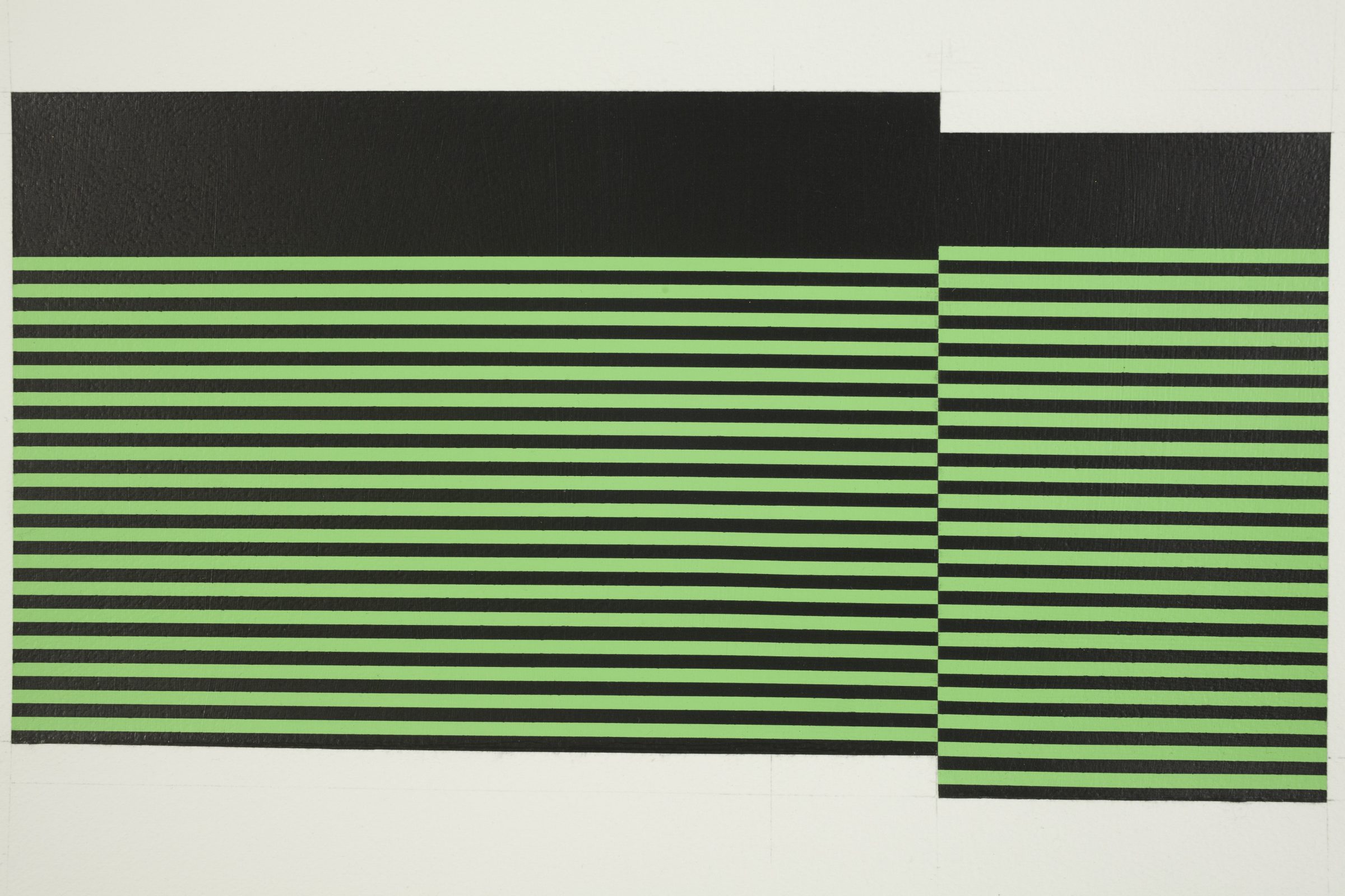 Two overlapping rectangular compositions featuring alternating horizontal stripes of bright green and dark charcoal, with the left section wider than the right. Dark graphite forms an irregular border across the top, creating a layered, geometric arrangement on a light background.