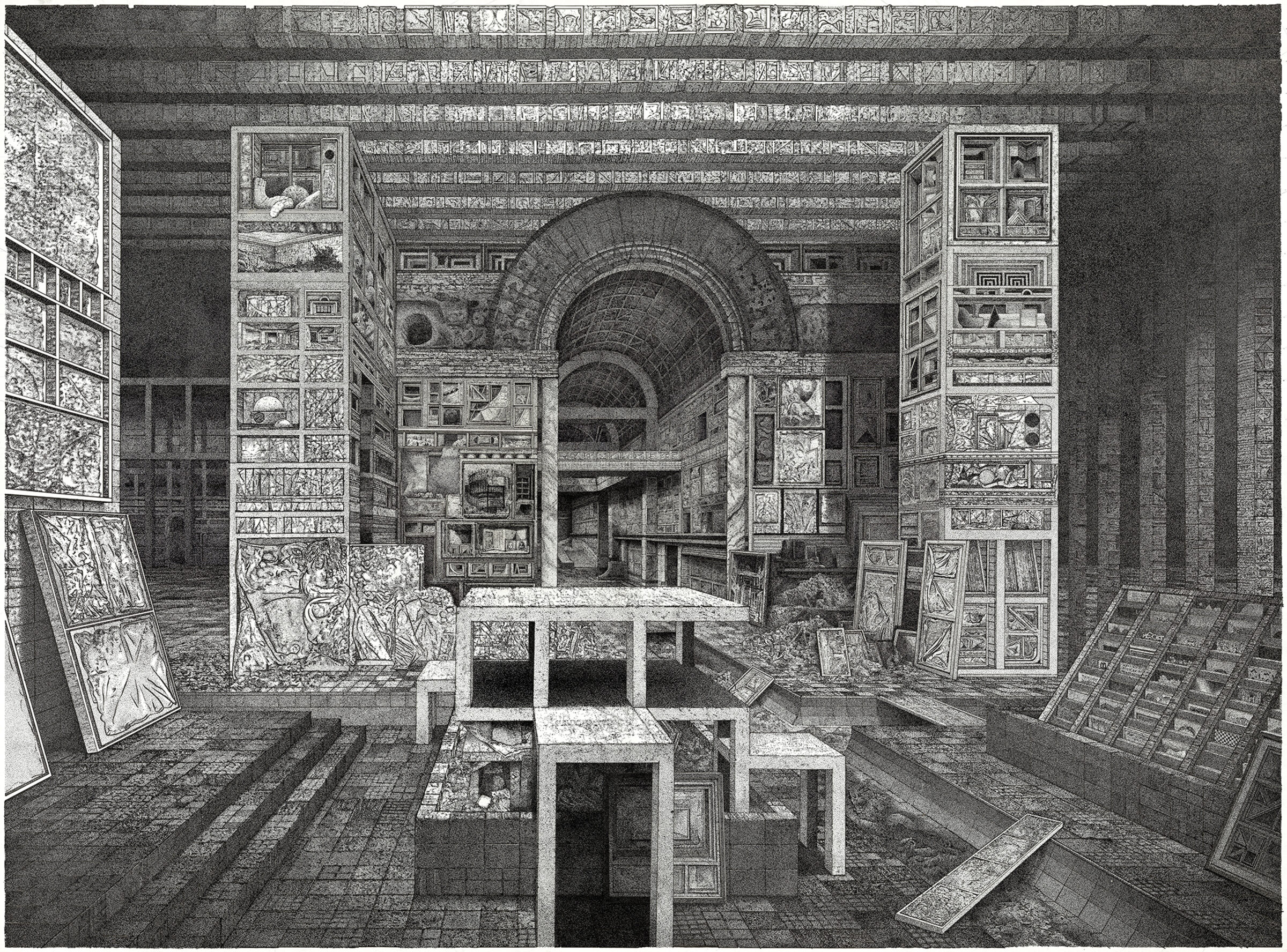 A detailed black and white drawing depicting an underground gallery or storage space with arched ceilings, featuring numerous framed artworks and panels displayed on walls and leaning against surfaces, with geometric patterned floors and a central platform or table structure.