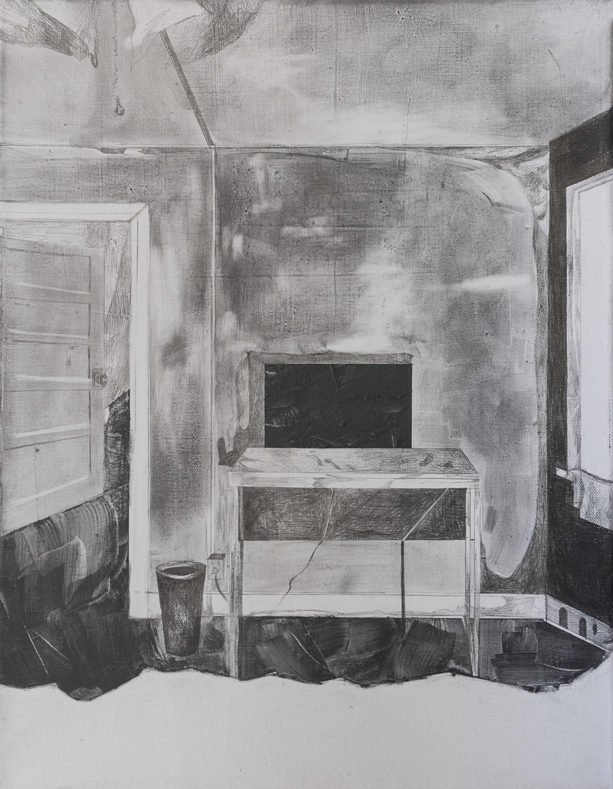 A graphite drawing depicting an interior bathroom space with steaming walls and a central fixture, rendered in soft gray tones with areas of darker shading. White doors frame both sides of the composition, while atmospheric marks suggest moisture or heat rising throughout the confined room.