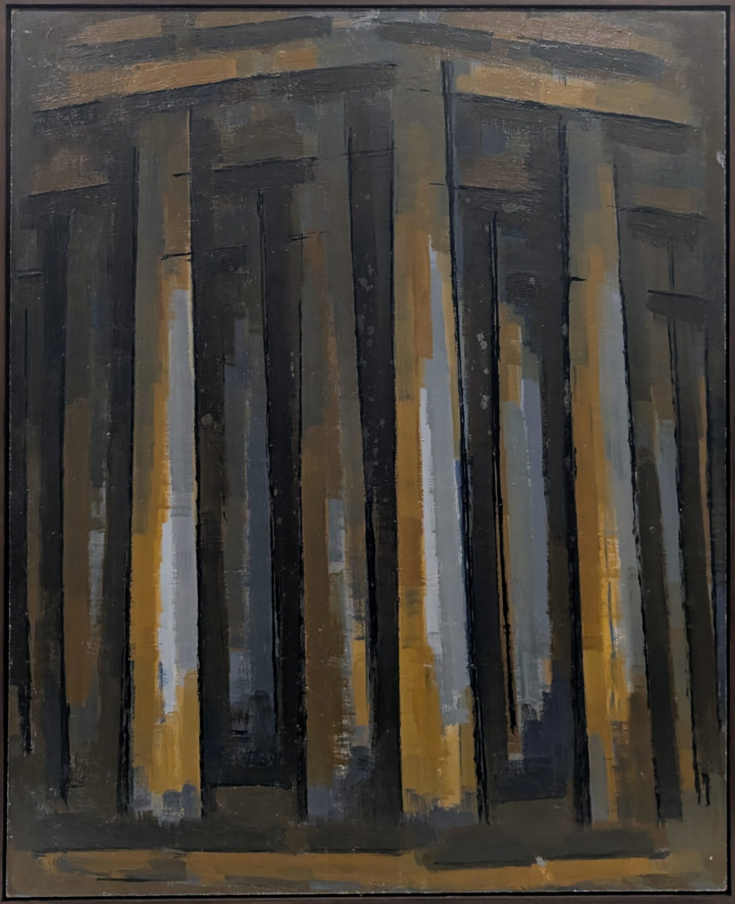 Abstract vertical composition featuring overlapping dark charcoal and black rectangular forms with ochre and white accents, suggesting a forest or grove of trees rendered in bold, gestural brushstrokes against a muted earth-toned background.