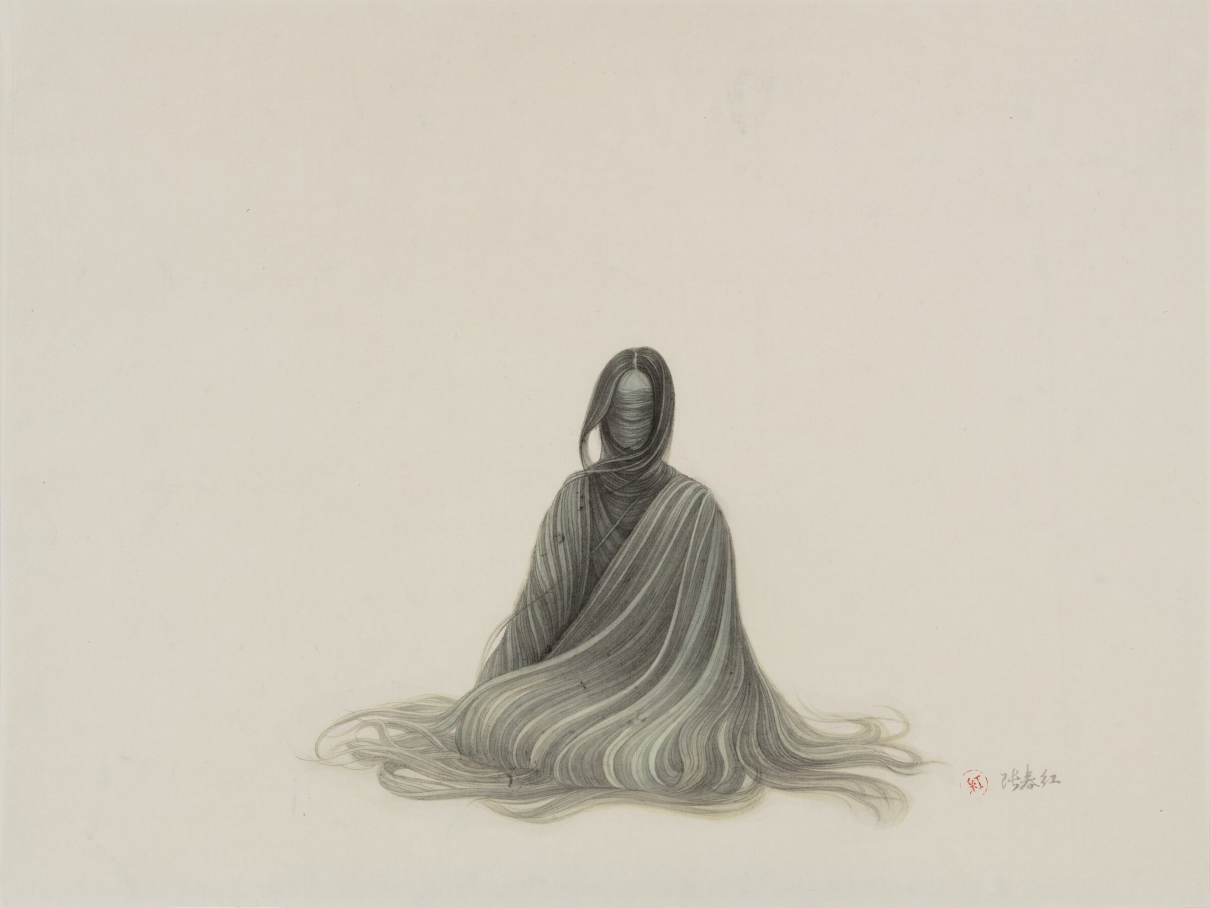 A seated figure with long dark hair draped in flowing striped fabric sits centered against a neutral background. The work is rendered in delicate graphite and ink tones on paper, with particular emphasis on the intricate linear patterns of the garment that pools around the figure's base.