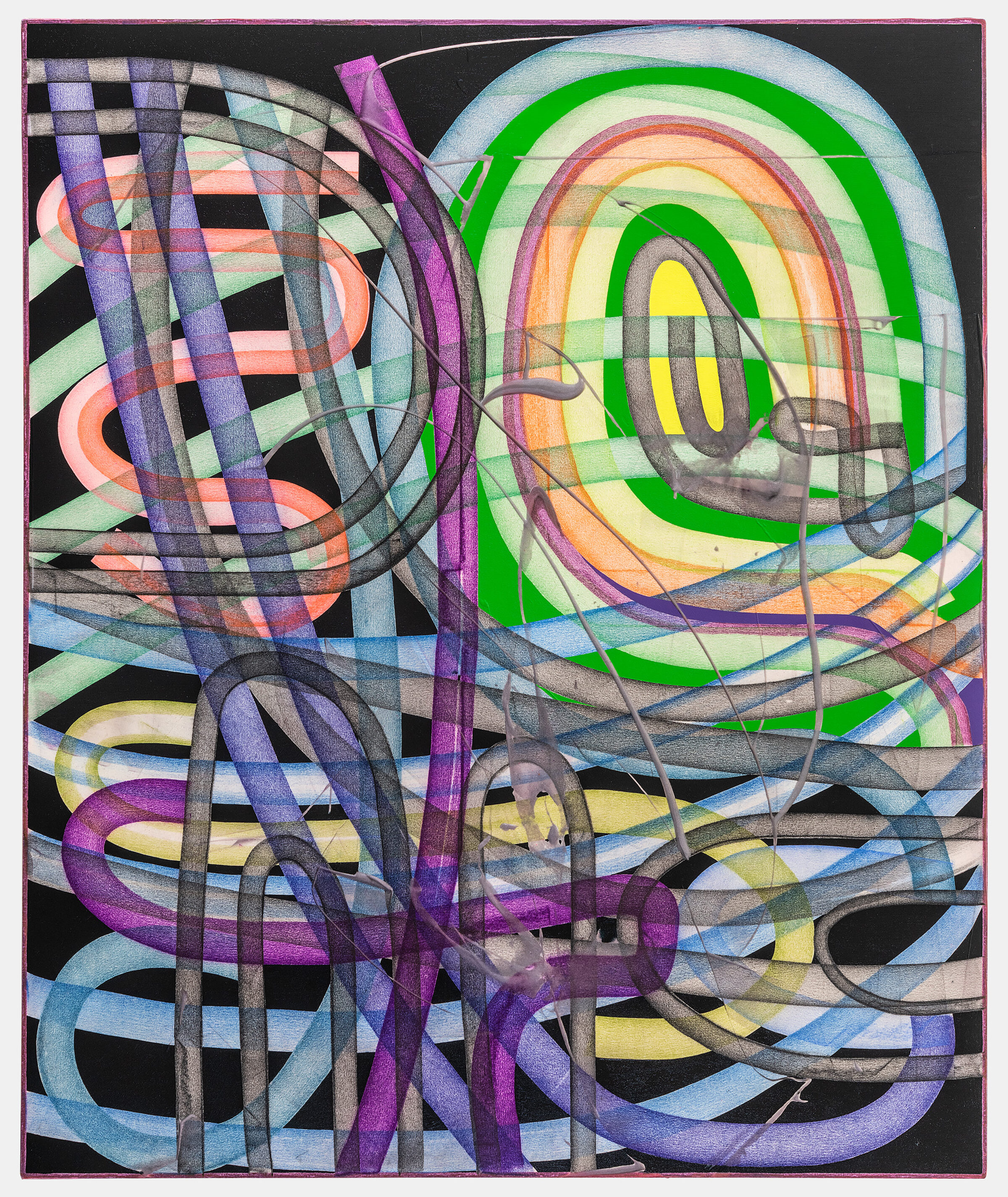 Abstract composition featuring overlapping geometric and organic forms in vibrant colors including bright green, yellow, orange, pink, and purple, layered with checkered patterns and curved lines rendered in oil, acrylic, and pastel on a dark background.